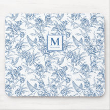 Monograma Francês em Azul Vintage Floral Toile de 