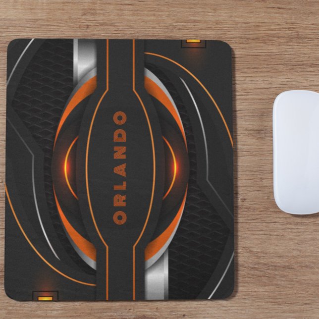Mousepad Monograma geométrico de prata, preto, laranja (Criador carregado)