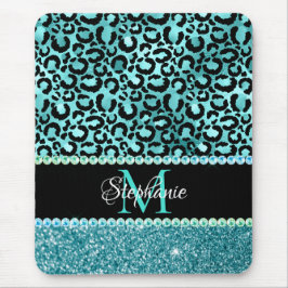 Mousepad Monograma Glam Feminino de Leopardo Azul e Verde