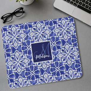 Mousepad Monograma Inicial Azul Cinza Chic Feminino