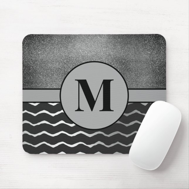 Mousepad Monograma Inicial da Glitter Silver Chevron Preto (Com mouse)