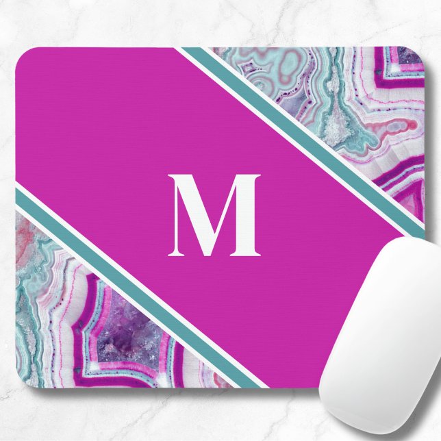 Mousepad Monograma Inicial de Ágata Elegante (Girly Teal Purple Agate Stone Initial Monogram Mouse Pad)