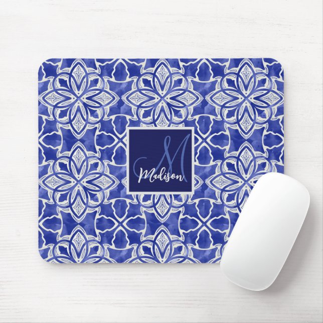 Mousepad Monograma inicial de cinzas azul-na moda (Com mouse)