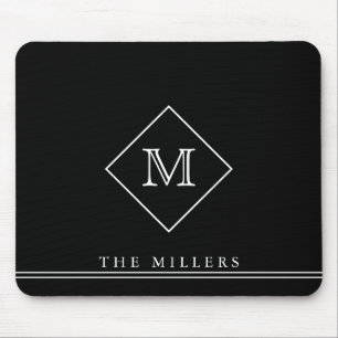 Mousepad Monograma inicial de diamante, preto personalizado