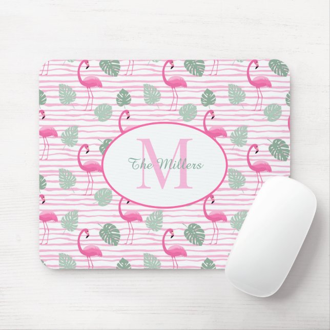Mousepad Monograma Inicial de Oval Flamingo Rosa, Personali (Com mouse)