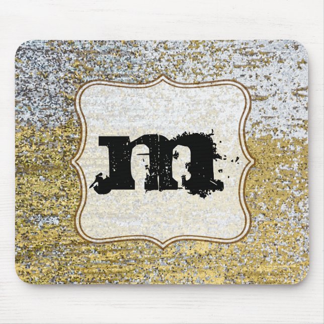 Mousepad Monograma inicial do mouse, Grunge Dourado e prate (Frente)