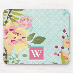 Mousepad Monograma Jardim Floral, Fundo Azul