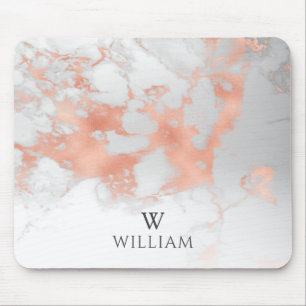 Mousepad Monograma Marble White Rose Dourada Elegante Moder