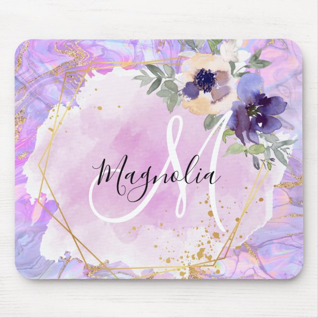 Mousepad Monograma Mármore Arco-Íris Roxo, Rosa e Dourado F (Frente)