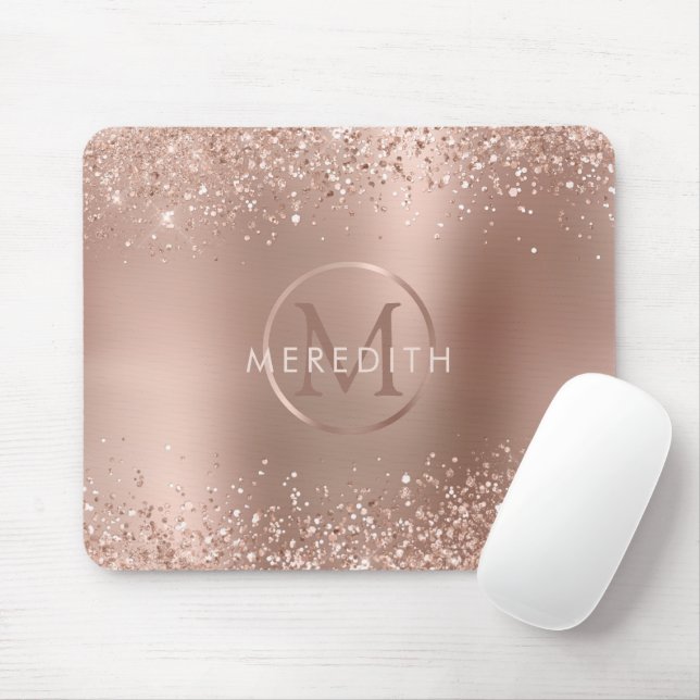 Mousepad Monograma Metálico de Rosa Glitter Dourado Chic (Com mouse)