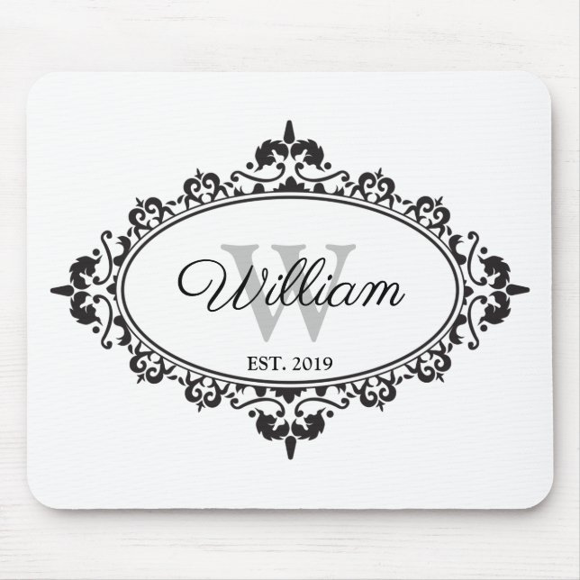 Mousepad Monograma minimalista de Damasco preto e branco (Frente)