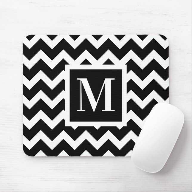 Mousepad Monograma Mínimo de Zigzag Preto e Branco (Com mouse)