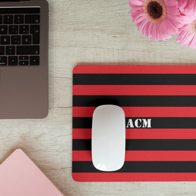 Mousepad Monograma Moderno com Listras Pretas e Vermelhas (Criador carregado)