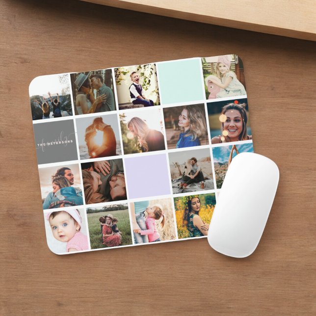 Mousepad Monograma moderno da rede de colagem de 16 fotos d (Modern monogram your family 16 photo collage grid mouse pad)