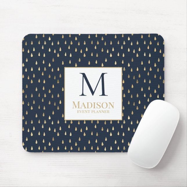 Mousepad Monograma Moderno de Gota de Chuva em Ouro Marinho (Com mouse)