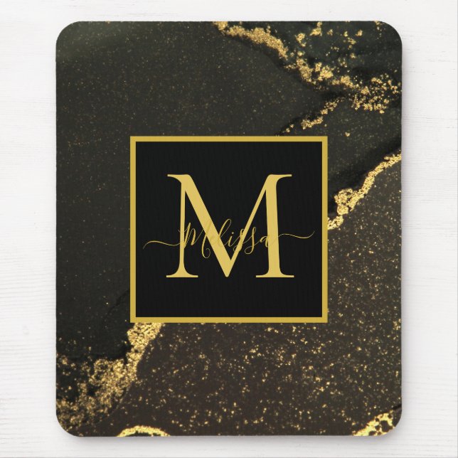 Mousepad Monograma moderno Dourado e preto marmoreado (Frente)