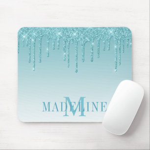 Mousepad Monograma moderno e faseável de Aqua Glitter