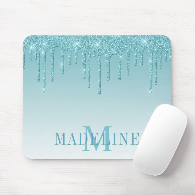 Mousepad Monograma moderno e faseável de Aqua Glitter (Com mouse)