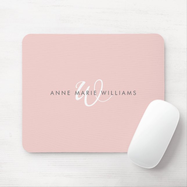 Mousepad Monograma Moderno em Rosa Bege Branco com Letra de (Com mouse)