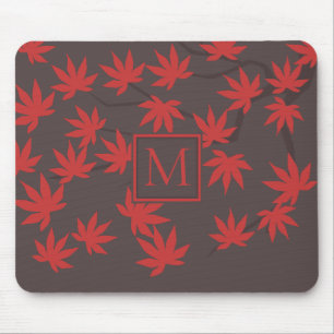 Mousepad Monograma Moderno Folha de Bordo Vermelha Cinza