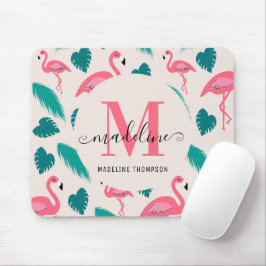 Mousepad Monograma Moderno Folhas Tropicais Flamingo Rosa Q