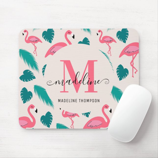 Mousepad Monograma Moderno Folhas Tropicais Flamingo Rosa Q (Com mouse)