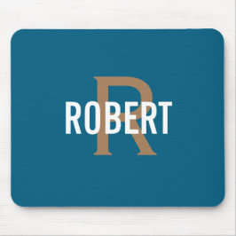 Mousepad Monograma moderno masculino em dourado e azul turq