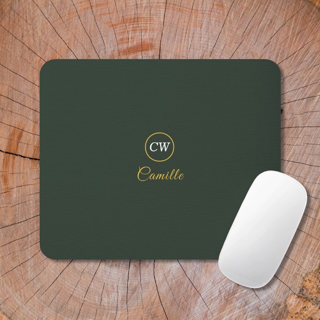 Mousepad Monograma Na moda Dourado e Floresta Verde (Monogram Stylish Gold & Forest Green Mouse Pad)