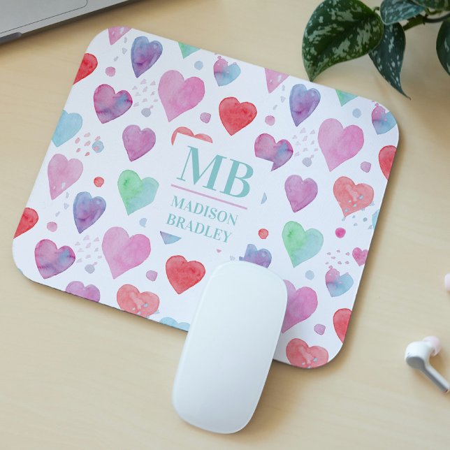 Mousepad Monograma Nome Amor Coração Aquarela Padrão Girly (Criador carregado)