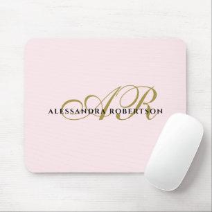 Mousepad Monograma Nome branco cor-de-rosa preto elegante