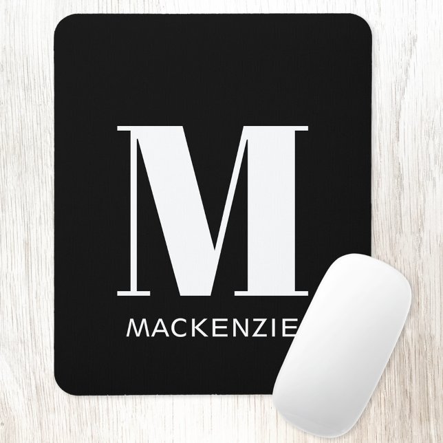 Mousepad Monograma Nome inicial Simples (Personalized monogram initial name white on black mousemat)