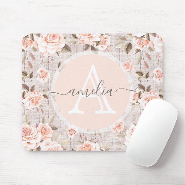 Mousepad Monograma Nome Madeira russa e Rosas de vinagre Ro (Com mouse)