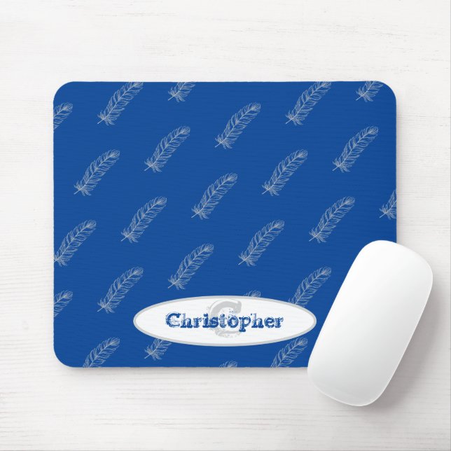 Mousepad Monograma Nome Penas Padrão Azul Branco Moderno (Com mouse)