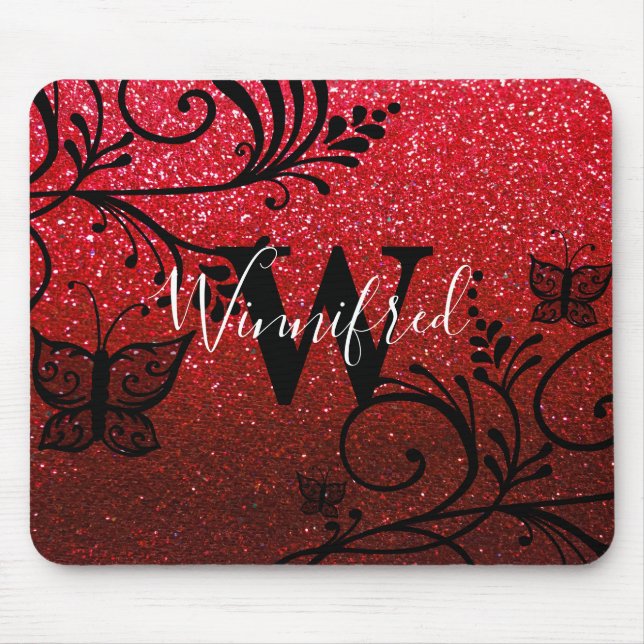 Mousepad Monograma Nome Red Black Ombre Glitter Borboletas (Frente)