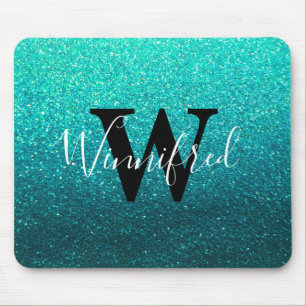 Mousepad Monograma Nome Turquoise Ombre Glitter Sparkles