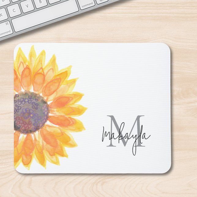 Mousepad Monograma Nome Watercolor Sunflower (Criador carregado)