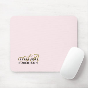 Mousepad Monograma Pastel Pink Dourado Minimalista Preto