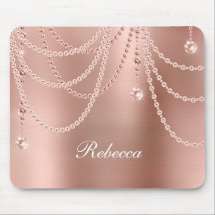 Mousepad Monograma Pérolas Ouro Rosado Diamantes Brilho Gla
