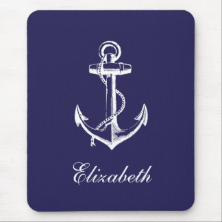 Mousepad Monograma Personalizado de Âncora de Vintagem Azul