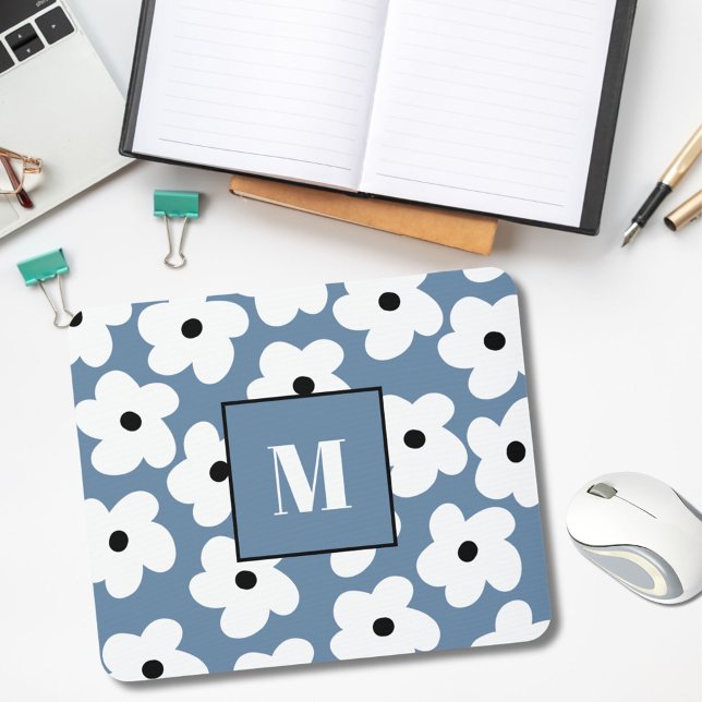 Mousepad Monograma Personalizado de Flores Brancas Retro (Criador carregado)