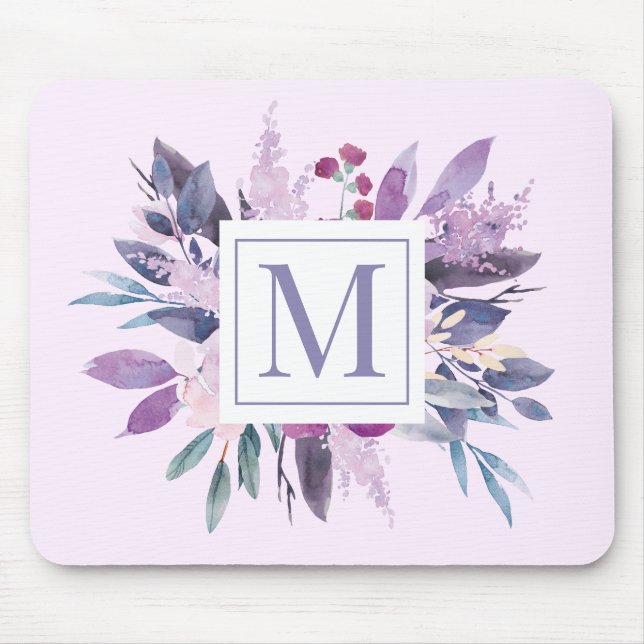 Mousepad Monograma Personalizado de Flores Liláticas Roxas (Frente)