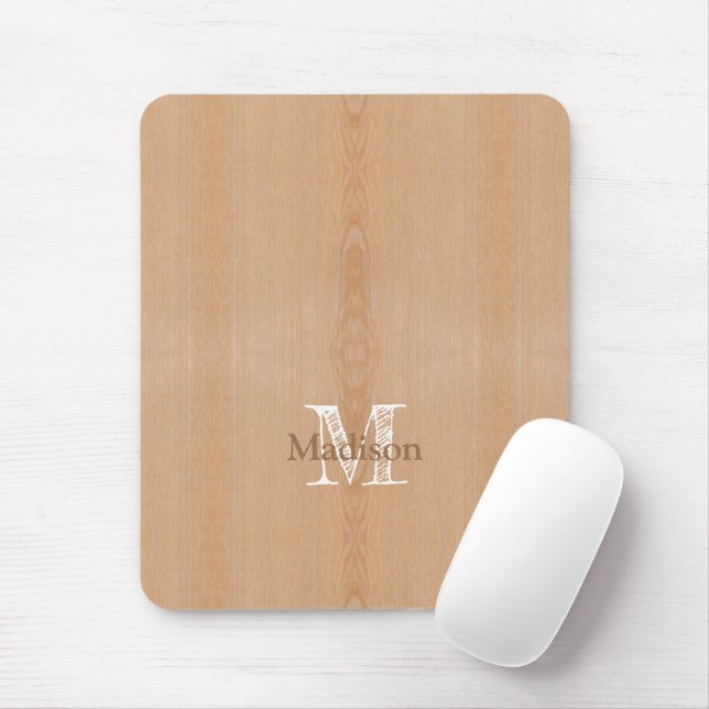 Mousepad Monograma personalizado de madeira castanha clara (Com mouse)