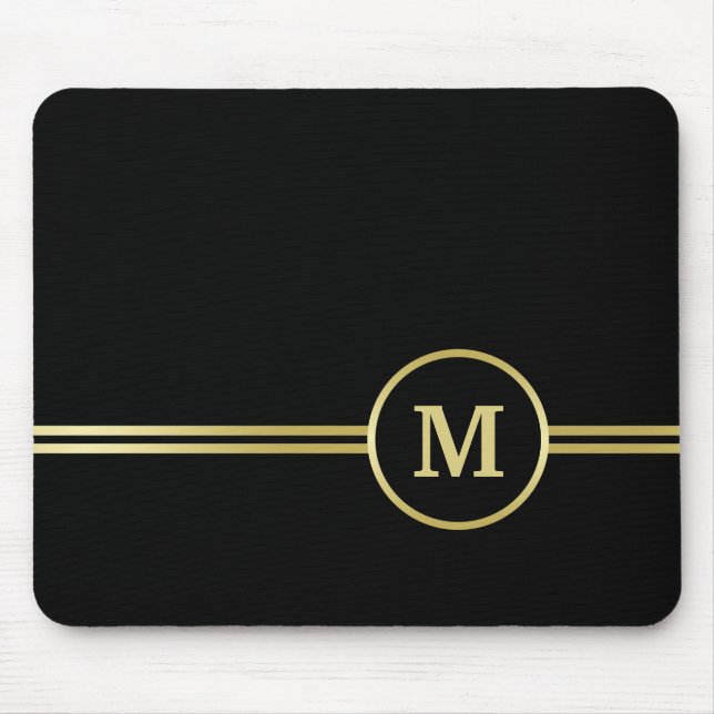 Mousepad Monograma personalizado de ouro elegante a preto (Frente)