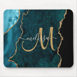 Mousepad Monograma Personalizado de Script de Agate Dourado