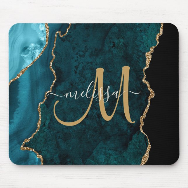 Mousepad Monograma Personalizado de Script de Agate Dourado (Frente)