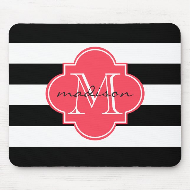 Mousepad Monograma Personalizado de Strips Náuticas Negras  (Frente)