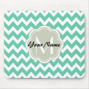 Mousepad Monograma Personalizado Mint Chevron, Nome Persona