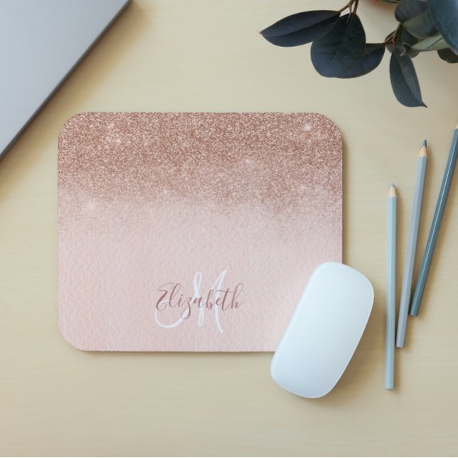 Mousepad Monograma Personalizado Ombre Glitter Rosa Dourado (Criador carregado)