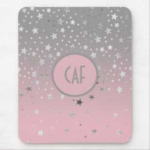 Mousepad Monograma Pink Gray Estrelas Ombre Tendência Chic