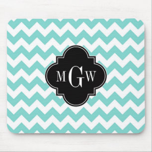 Mousepad Monograma preto branco de Chevron Quatrefoil 3 do